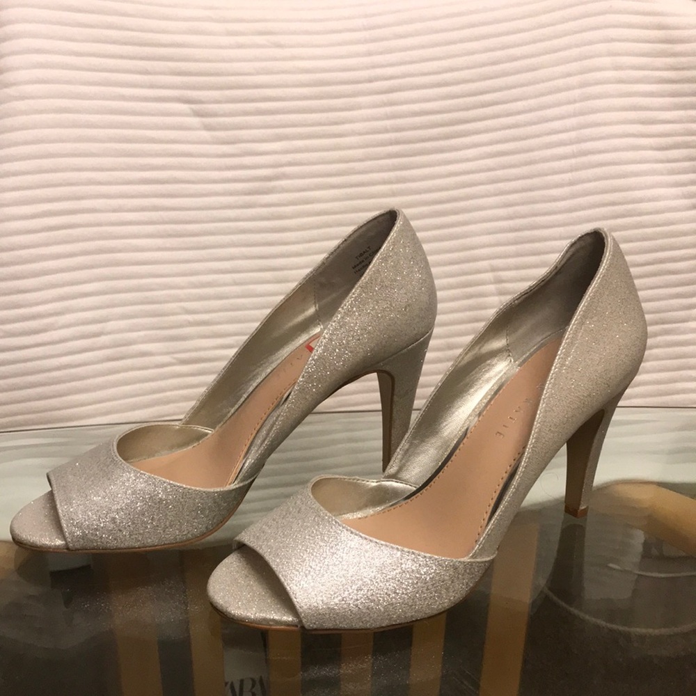 Silver peep toe heels